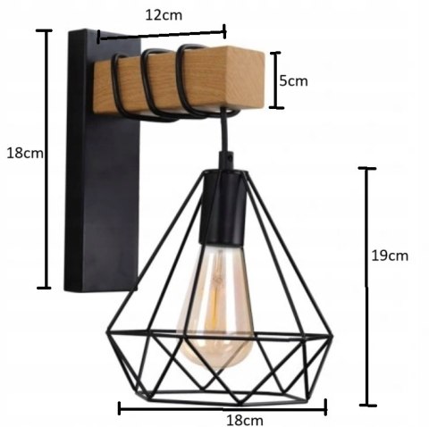 Lampa KINKIET ŚCIENNY drewniany LOFT metal czarna